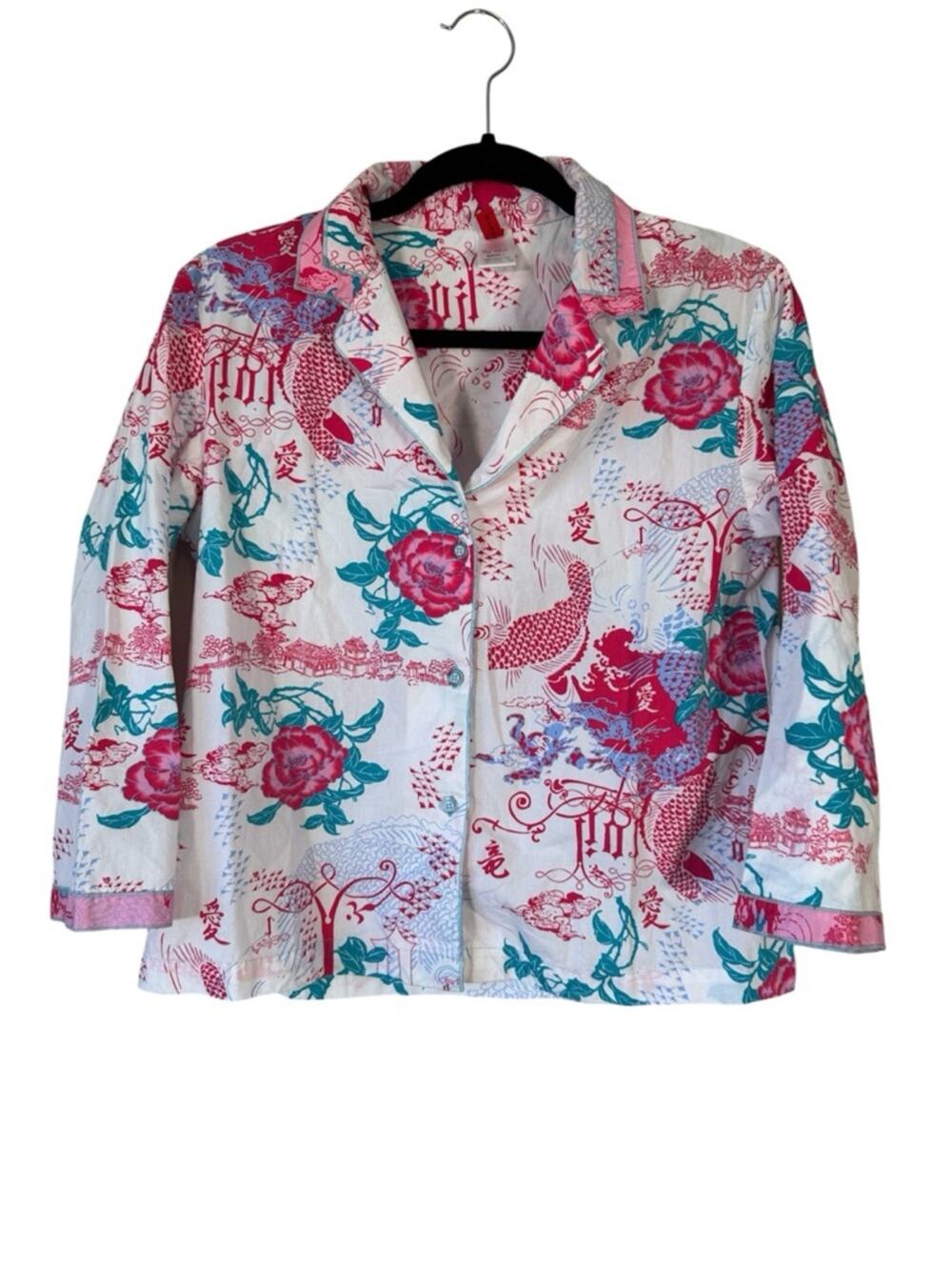 Josie Natori Bright Floral Koi Fish Print Button Down PJ Shirt Top Womens S